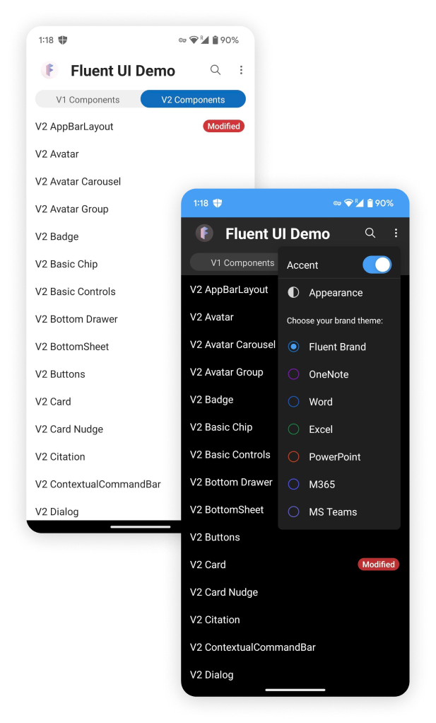 The component demo, version 1 and version 2 side by side