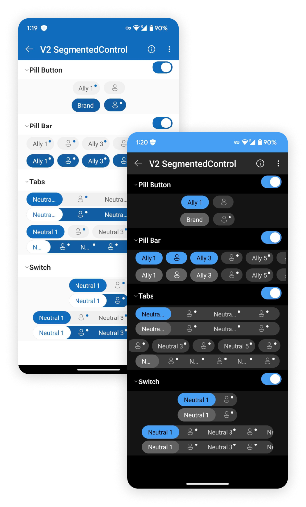 A control tested across themes in the app