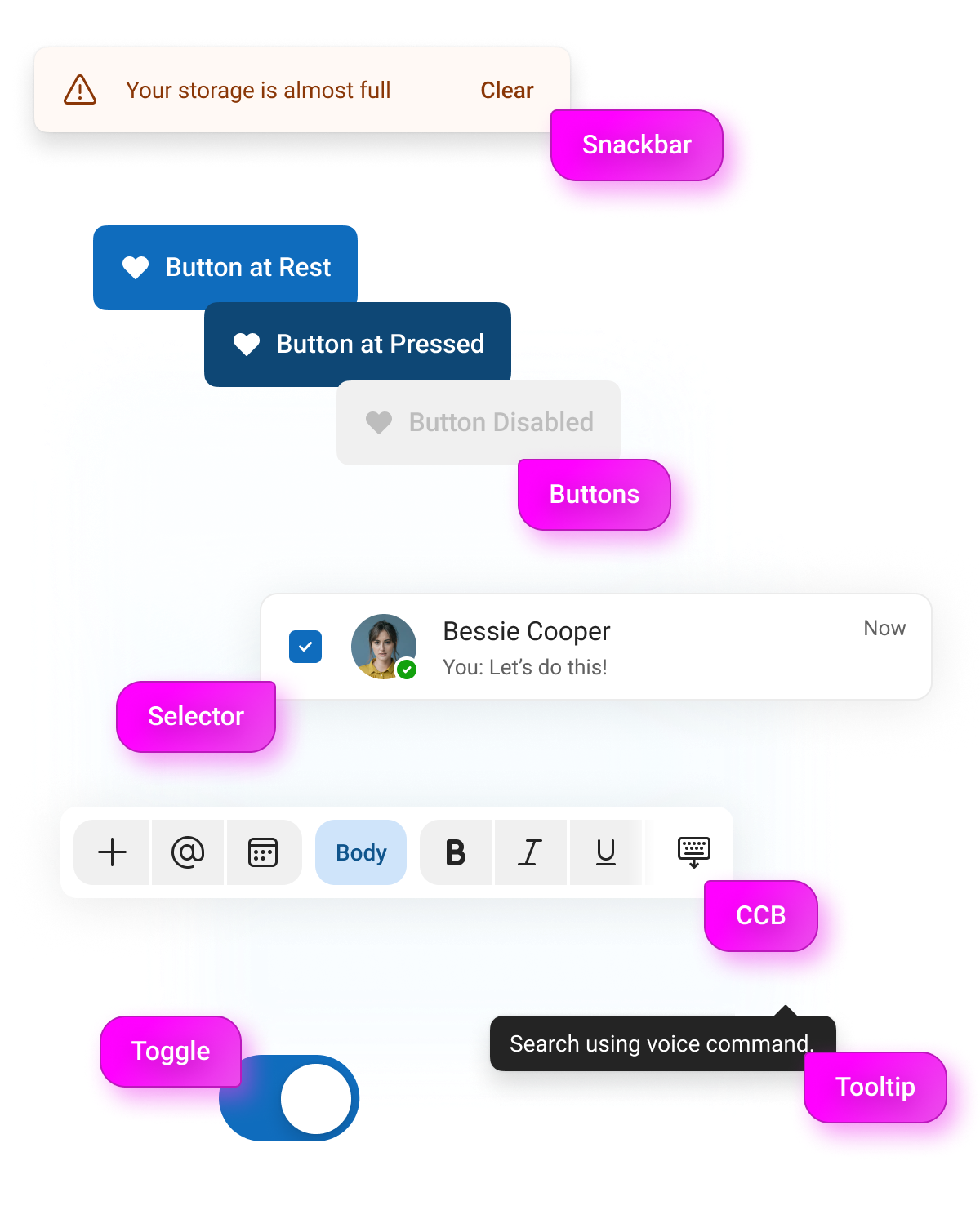 Core component library — snackbars, selectors and toggles