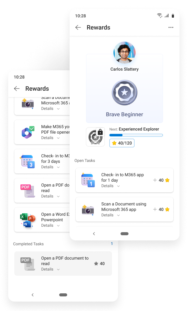 The Rewards home — badge, progress and open tasks