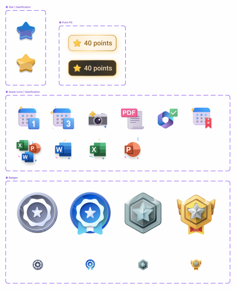 The reward asset library — stars, point pills, quest icons and badges