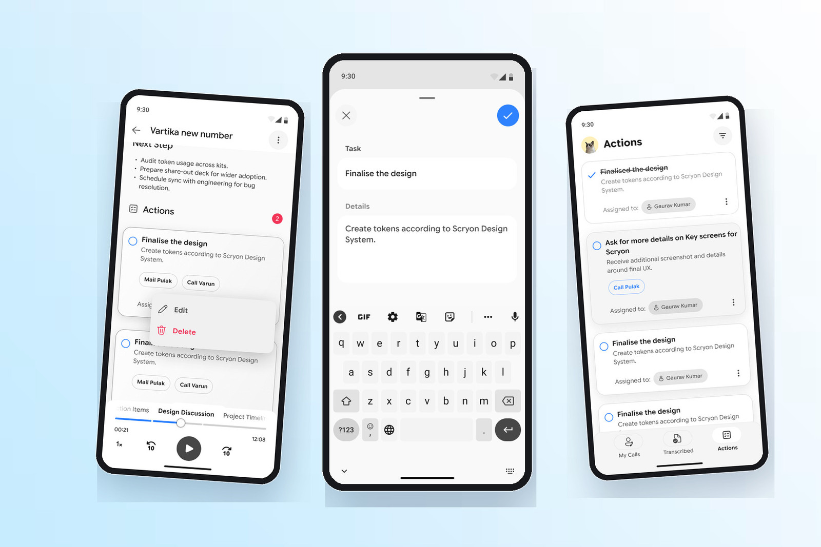 Scryon contextual action, edit, and action-list screens in mobile device frames