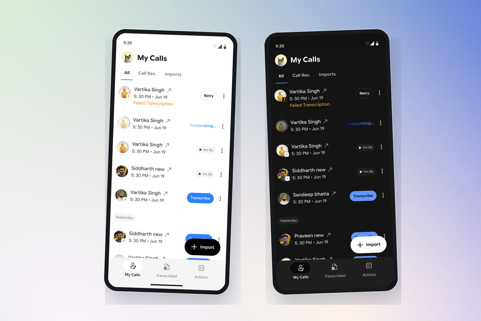 Scryon interface demonstrating a shared design system across light and dark themes