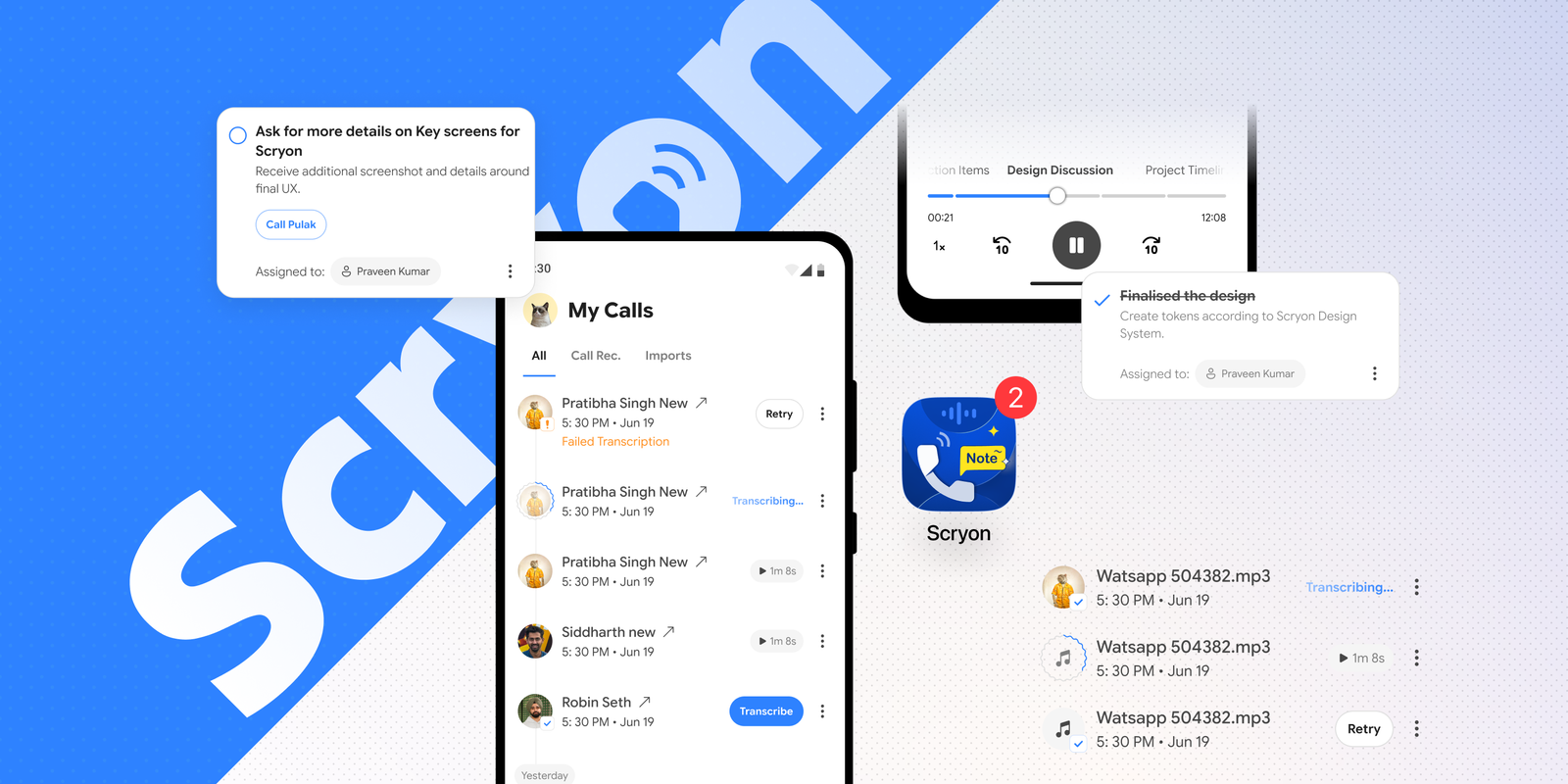 Scryon interface composition featuring call states, actions, audio playback, and brand elements