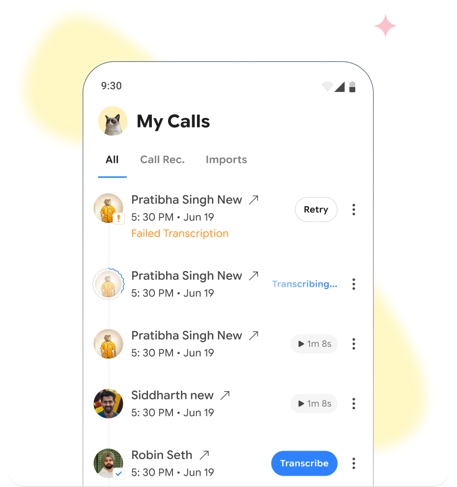 Scryon My Calls screen showing recorded calls and transcription status