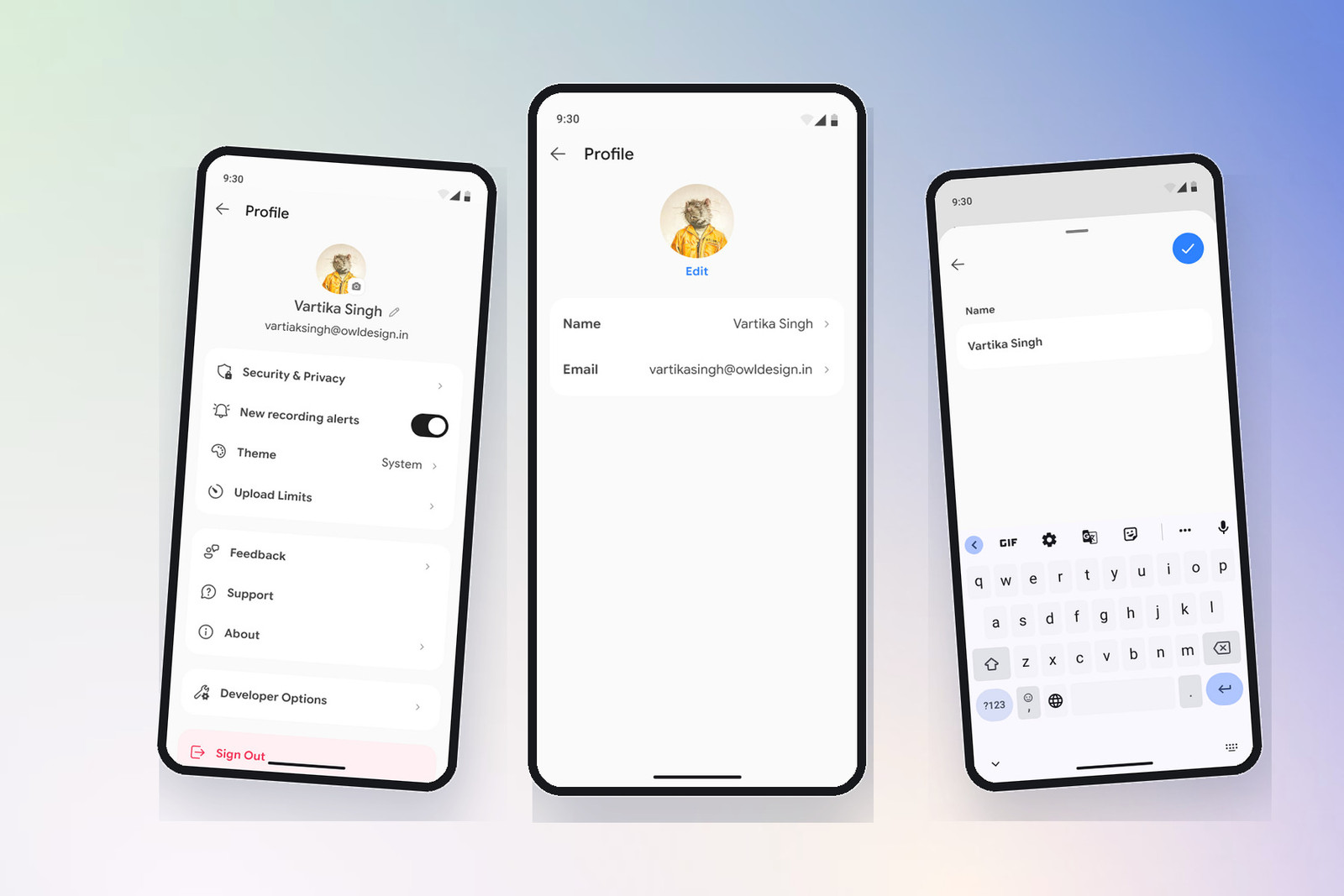 Scryon profile, settings, and account editing screens in mobile device frames