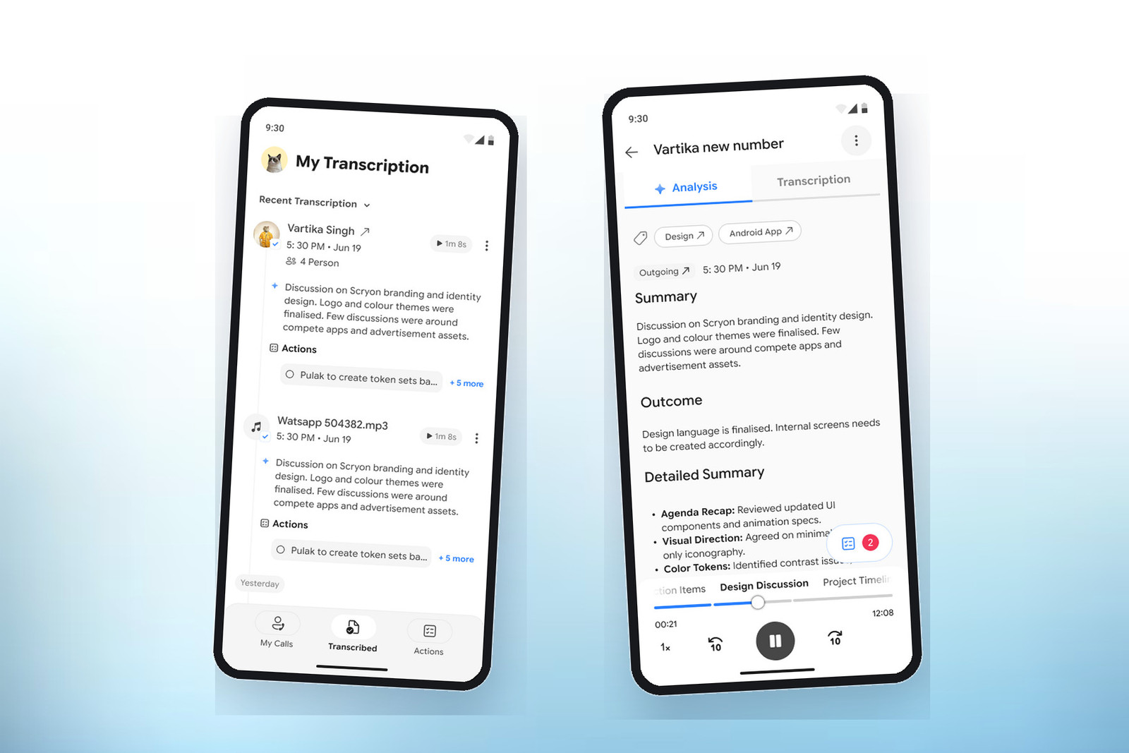 Scryon transcription list and analysis hierarchy in mobile device frames
